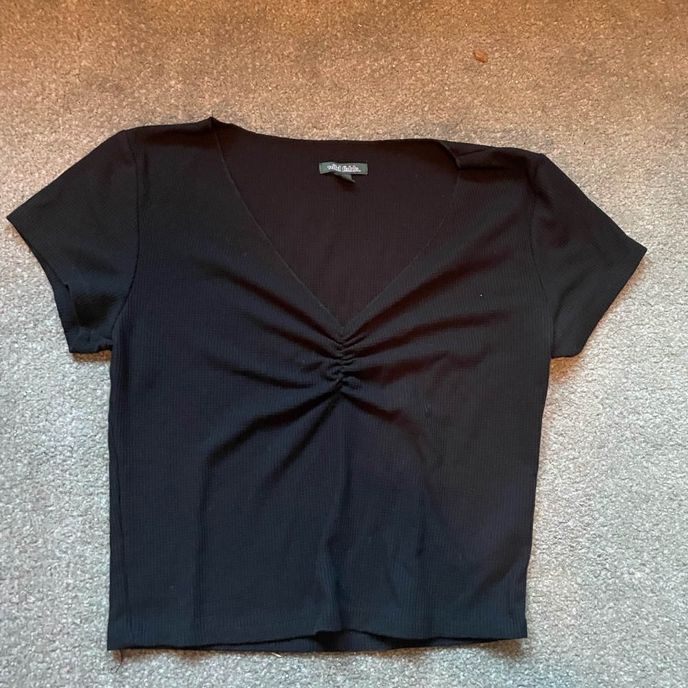 Ruched front v neck short sleeve Black waffle top wild fable